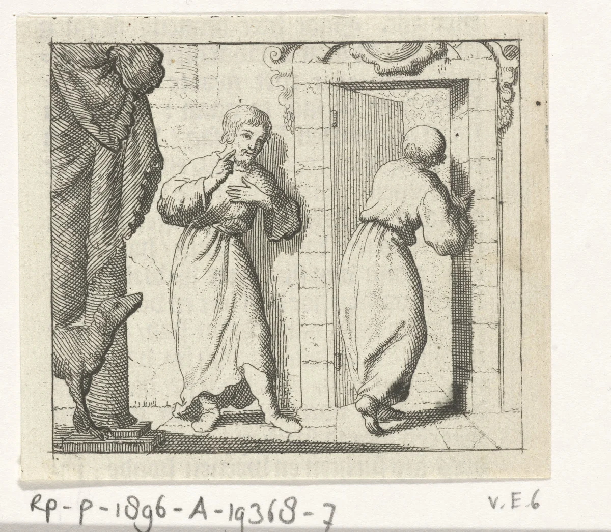 Twee mannen voor de geopende deur van een vertrek by Jan Luyken, print, 1678-1699