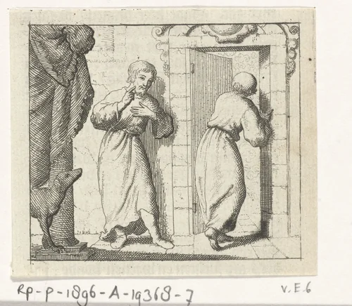 Twee mannen voor de geopende deur van een vertrek by Jan Luyken, print, 1678-1699