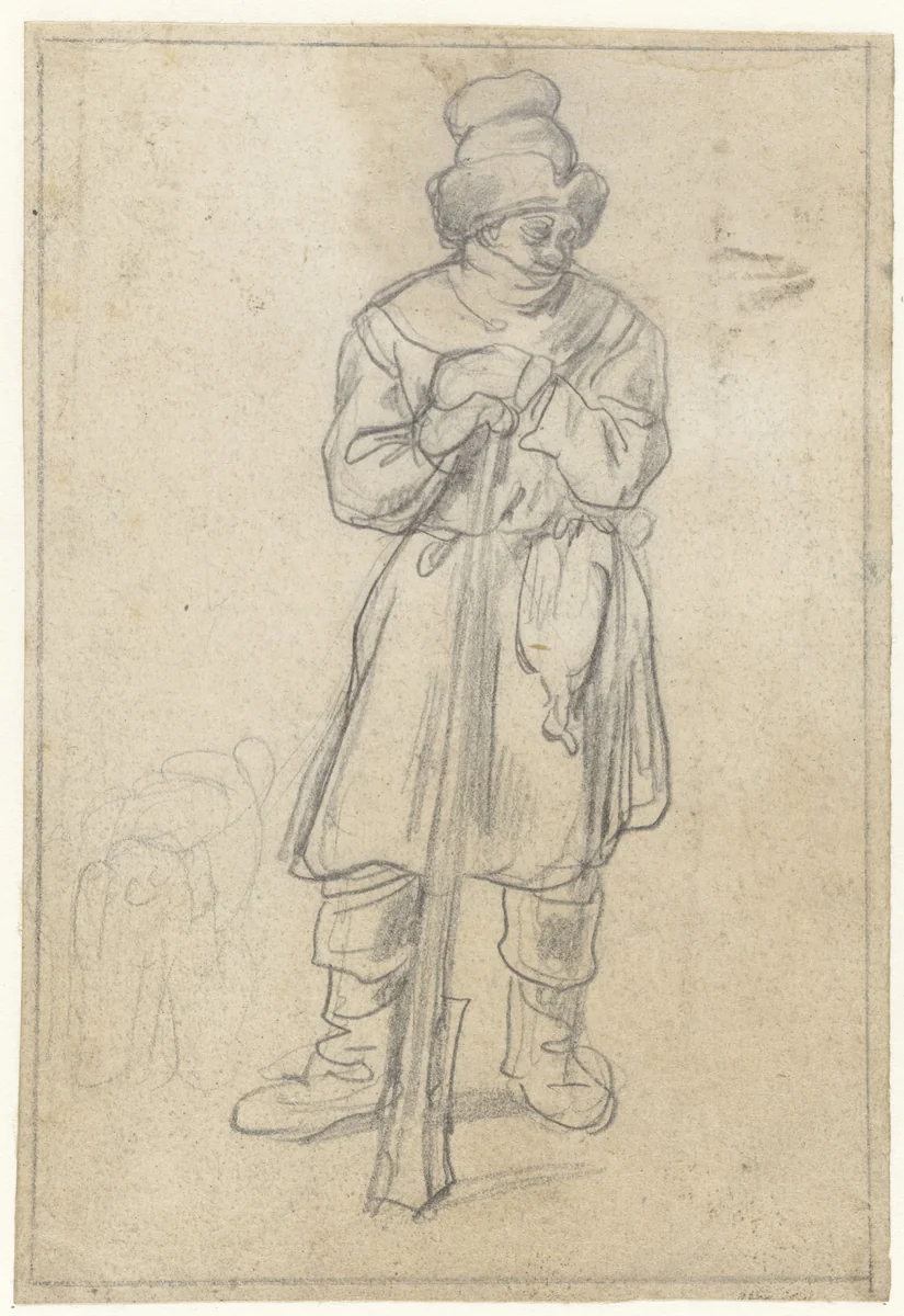 Study of a Standing Duck Hunter, Leaning on his Gun by Hendrick Avercamp, drawing, 1620