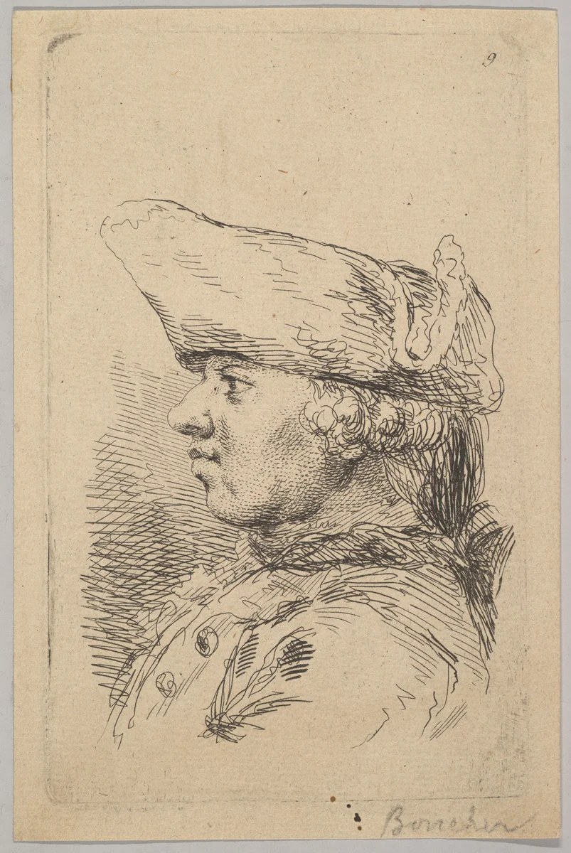Head of a man in profile wearing a tricorne by anonymous, print, 1720-1800