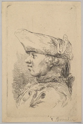 Head of a man in profile wearing a tricorne by anonymous, print, 1720-1800