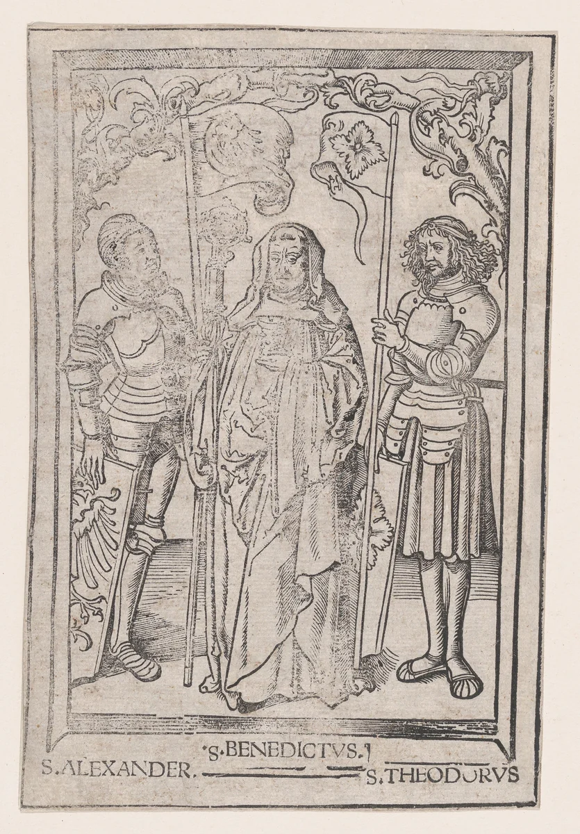 Saints Alexander and Theodore flanking Saint Benedict by anonymous, print, 1495-1555