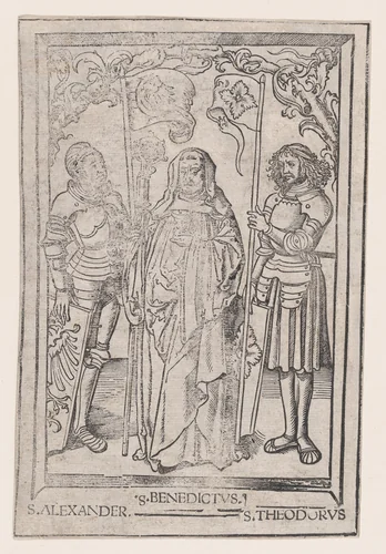 Saints Alexander and Theodore flanking Saint Benedict by anonymous, print, 1495-1555