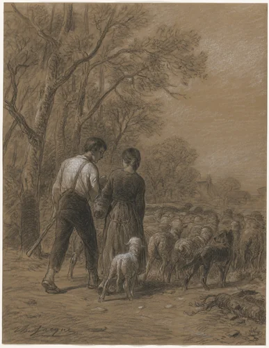 Bringing in the Sheep by Charles-Émile Jacque, drawing, 1830-1894