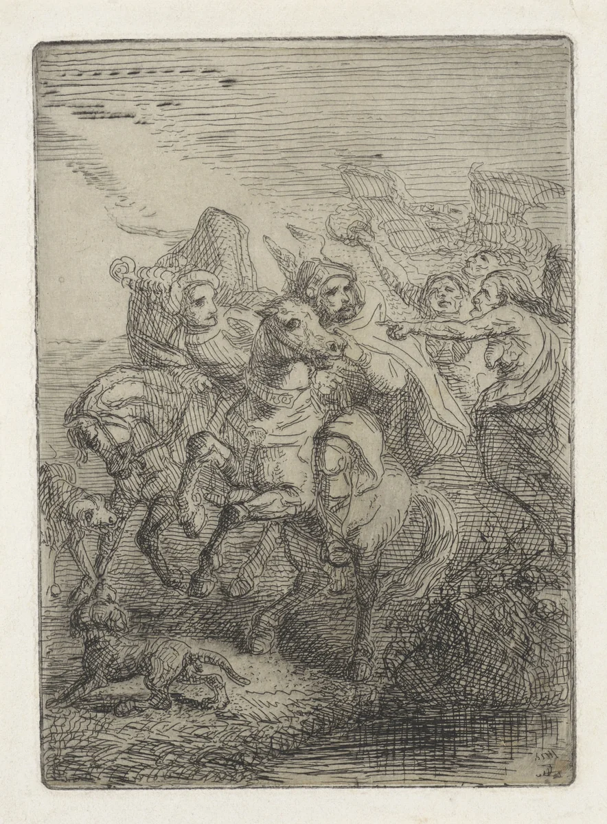 Macbeth en Banquo ontmoeten de drie heksen by Theodoor Schaepkens, print, 1825-1883