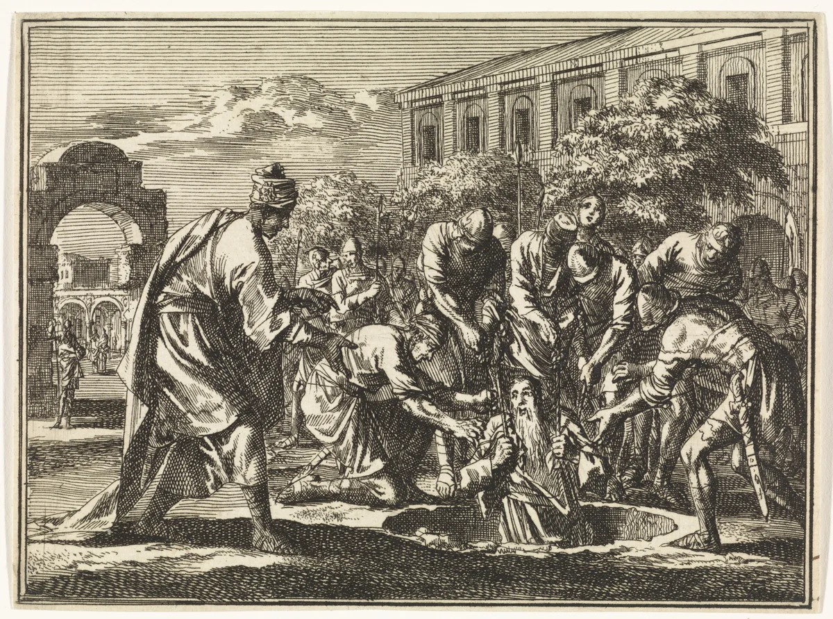 Jeremia uit de kuil getrokken by Jan Luyken, print, 1712