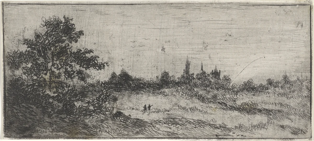 Landschap met kerktorens in de verte by Arnoud Schaepkens, print, 1831-1904