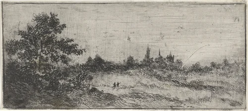 Landschap met kerktorens in de verte by Arnoud Schaepkens, print, 1831-1904