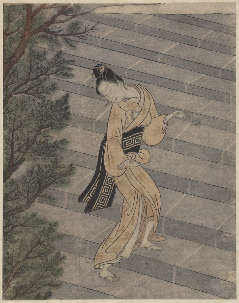 Young Woman Climbing Stone Stairs to a Shinto Temple by Suzuki Harunobu (鈴木春信), print, 1725-1770