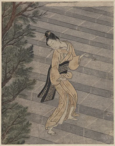 Young Woman Climbing Stone Stairs to a Shinto Temple by Suzuki Harunobu (鈴木春信), print, 1725-1770