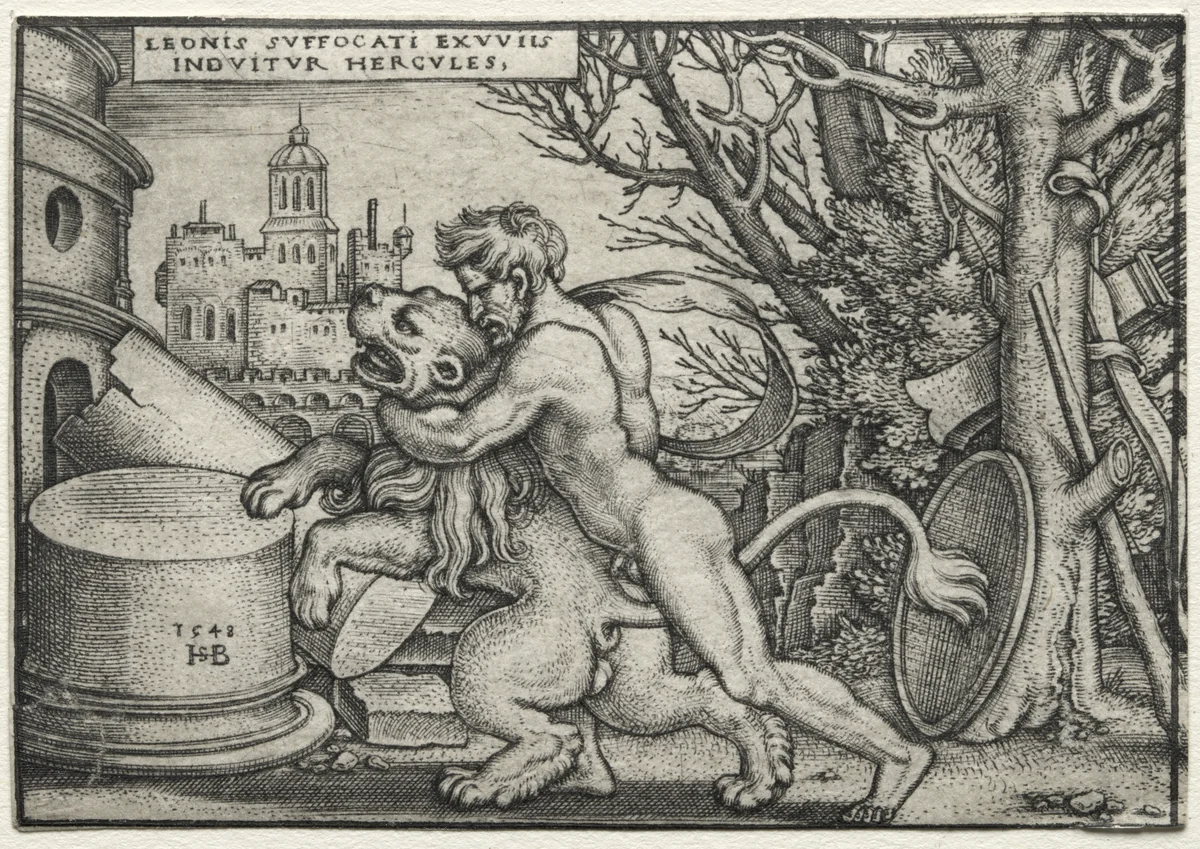 The Labors of Hercules: Hercules Strangling the Nemean Lion by Hans Sebald Beham, print, 1548
