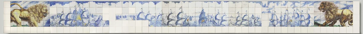 Tegeltableau met de zeeslag bij Duins, 1639 by anonymous, ceramic, 1640-1660