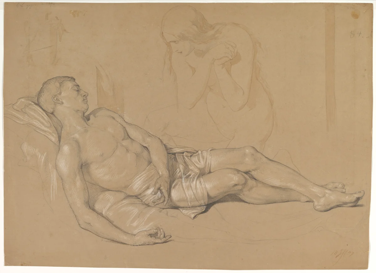 A Nude Woman Kneeling at the side of a Reclining Man (Study for Mary Magdalen Lamenting Christ) by Julius Hübner, drawing, 1857