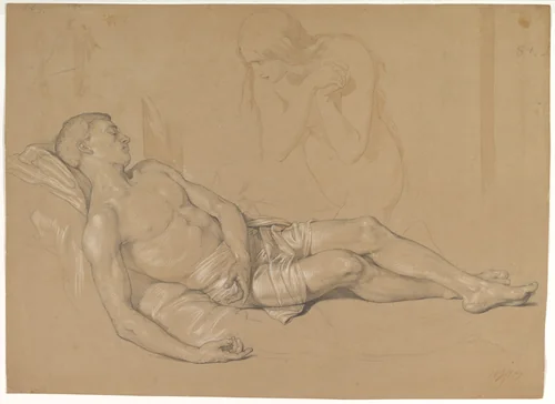 A Nude Woman Kneeling at the side of a Reclining Man (Study for Mary Magdalen Lamenting Christ) by Julius Hübner, drawing, 1857