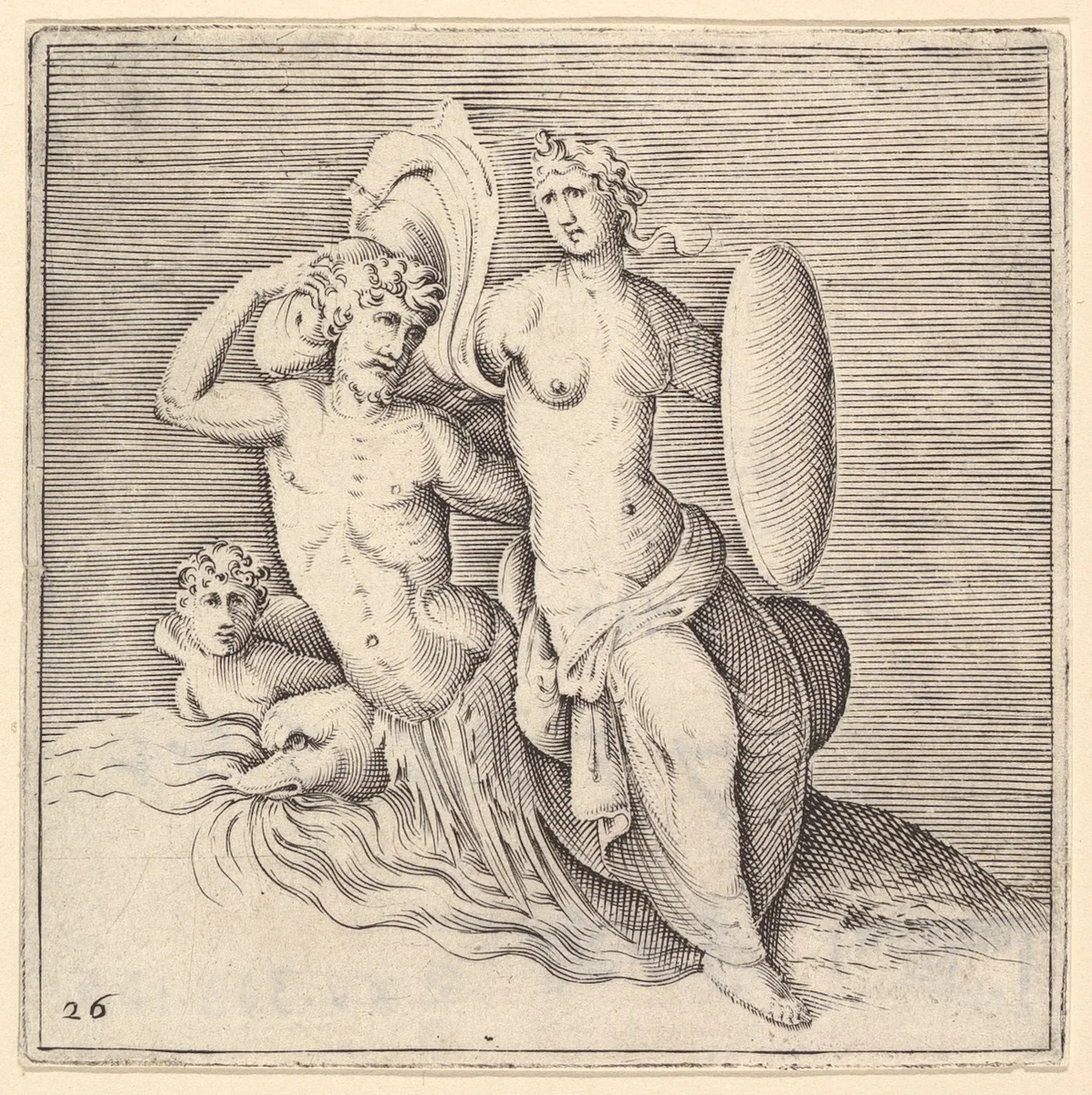 Woman with Shield Seated on Seamonster, from "Ex Antiquis Cameorum et Gemmae Delineata/ Liber Secundus/et ab Enea Vico Parmen Incis" by anonymous, print, 1599-1622