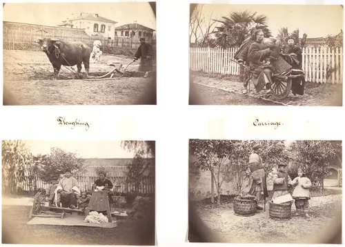 Ploughing; Carriage; Cotton Spinning; Selling Sweets by John Thomson, photograph, 1869