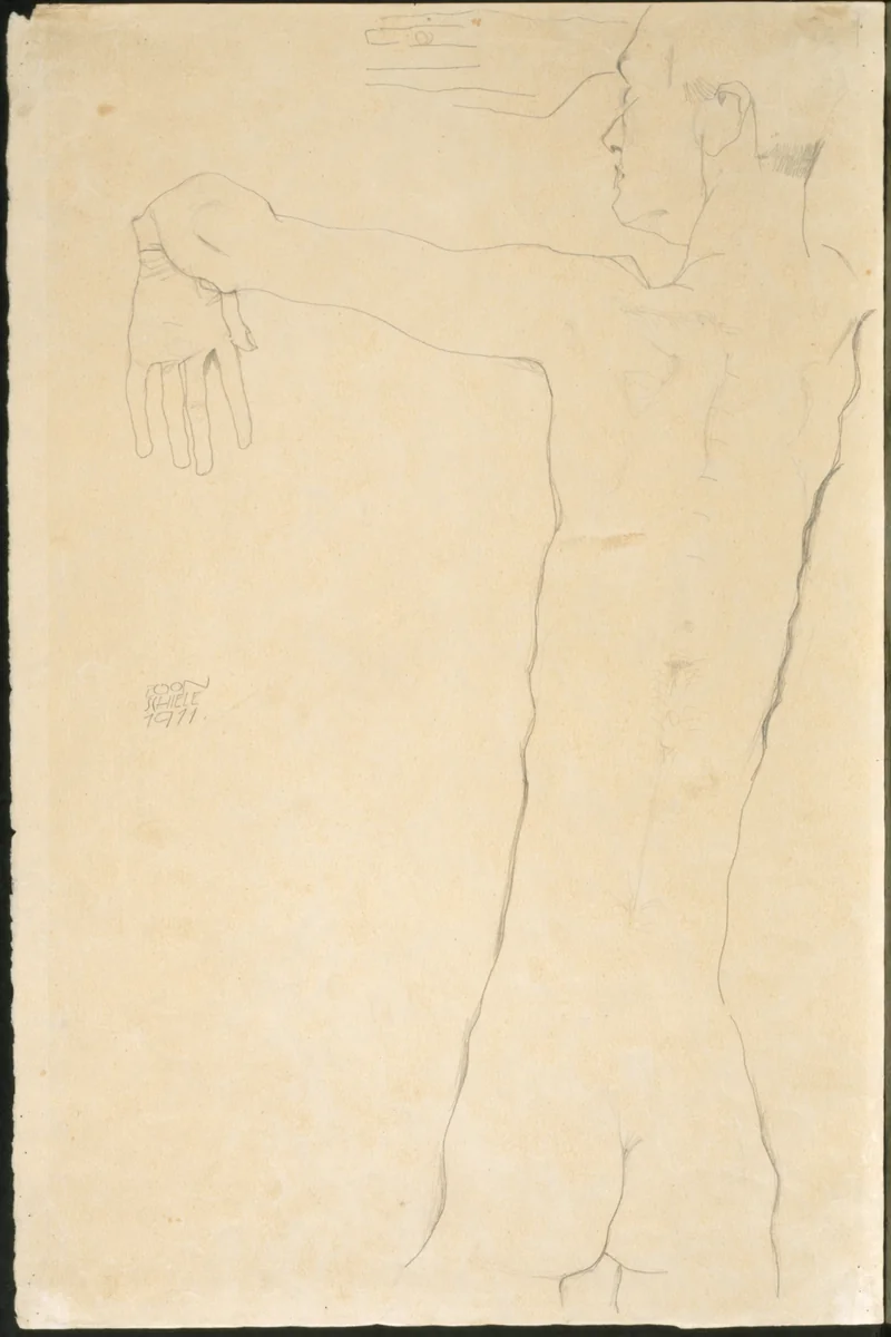 Nude Man with Raised Arms (recto) by Egon Schiele, drawing, 1911