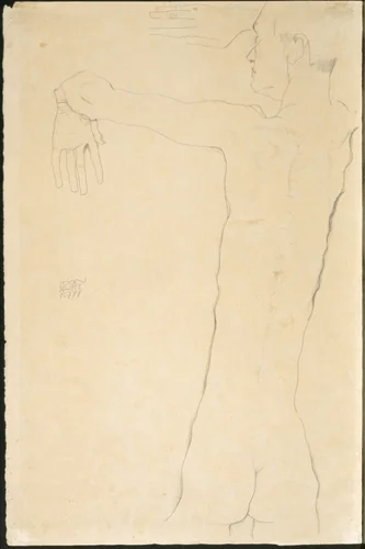 Nude Man with Raised Arms (recto) by Egon Schiele, drawing, 1911