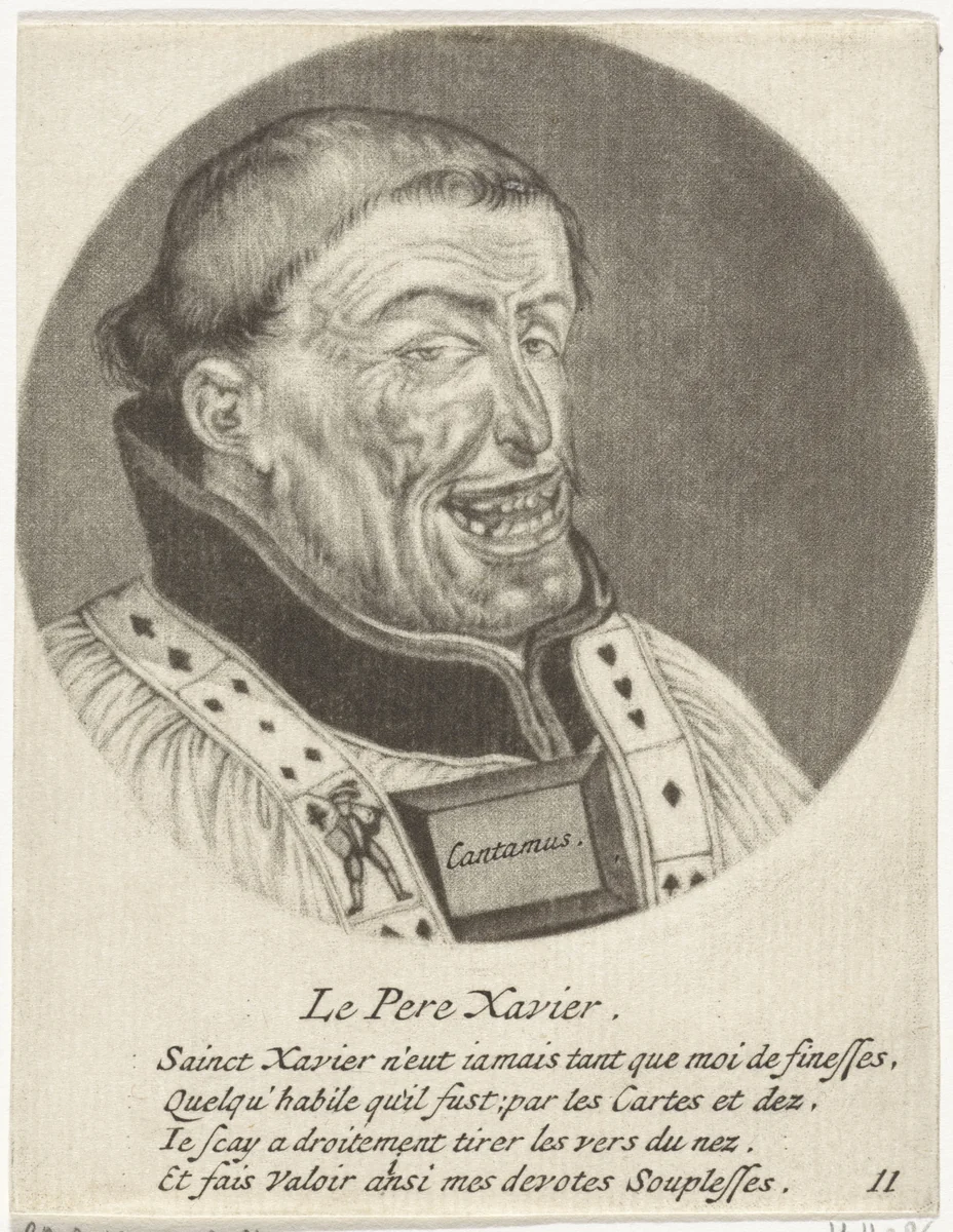 Lachende monnik met speelkaarten by Jacob Gole, print, 1670-1724