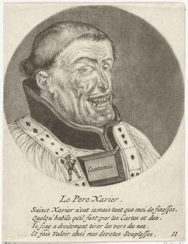 Lachende monnik met speelkaarten by Jacob Gole, print, 1670-1724