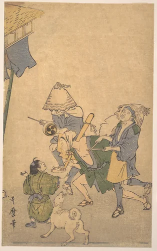 Three Revelers of the Lower Classes, Wearing Komuso Hats, with Small Boy and Dog by Kitagawa Utamaro (喜多川歌麿), print, 1754-1806