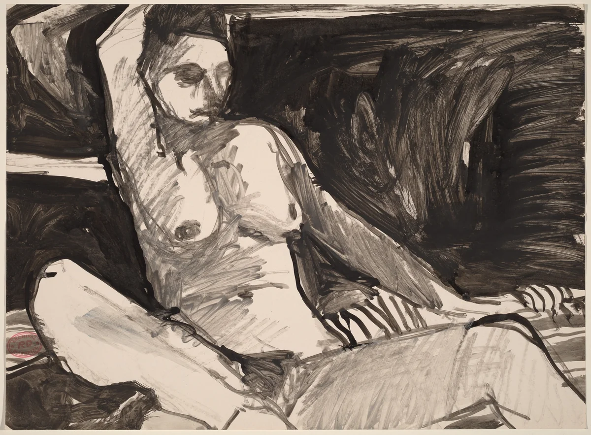 Untitled [female nude seated on striped fabric] by Richard Diebenkorn, drawing, 1955-1967