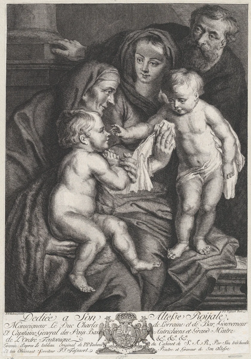 The Holy Family with Saint Elizabeth and the infant Saint John the Baptist by Phillip Joseph Tassaert, print, 1610-1680