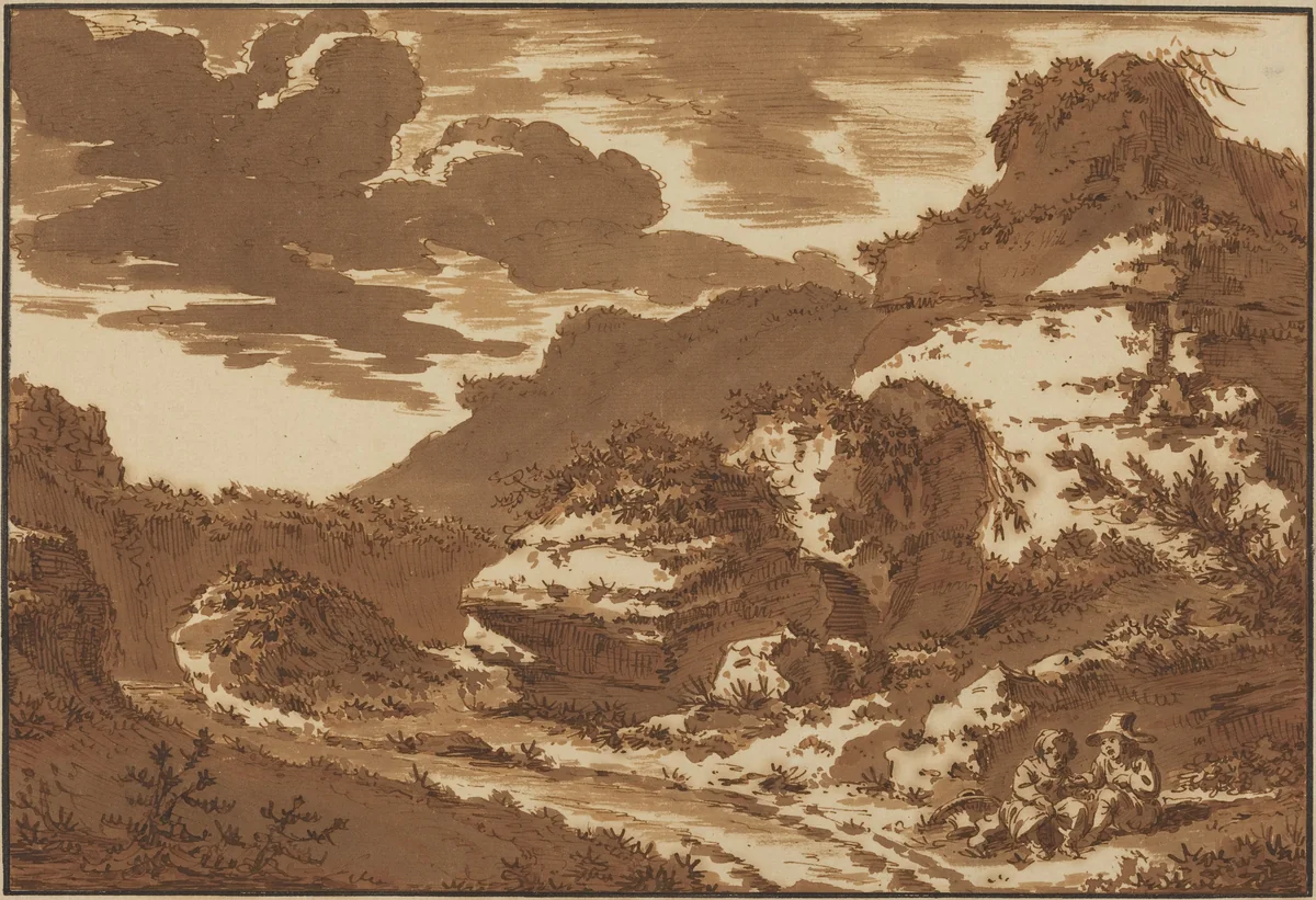 Two Children Seated near Overgrown Ruins by Johann Georg Wille, drawing, 1758