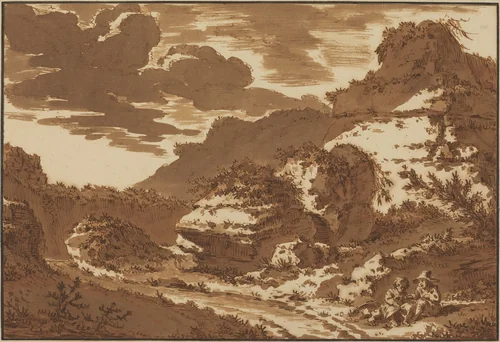 Two Children Seated near Overgrown Ruins by Johann Georg Wille, drawing, 1758