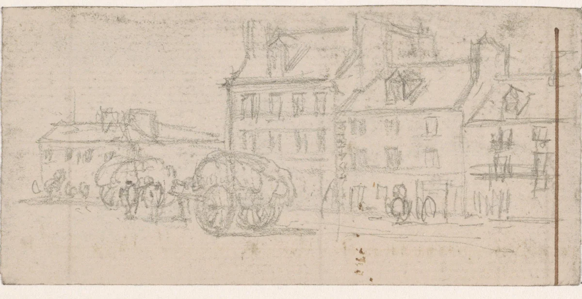 Parijse straat met vrachtwagens by Georges Michel, drawing, 1773-1843