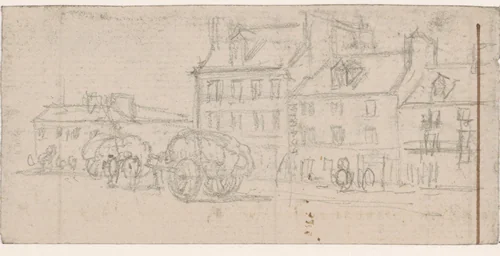Parijse straat met vrachtwagens by Georges Michel, drawing, 1773-1843