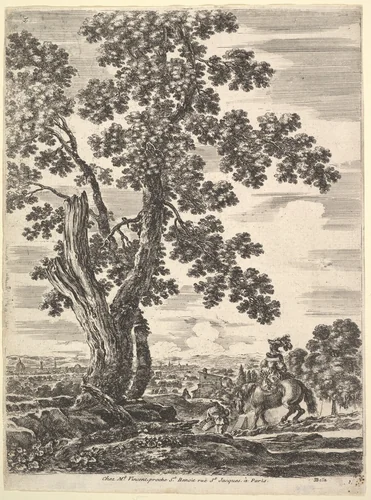A woman on horseback descending a hill, a large tree to the left, landscape of Florence in the background, from "Four large landscapes" (Quatre grands paysages en hauteur) by Stefano della Bella, print, 1652-1657