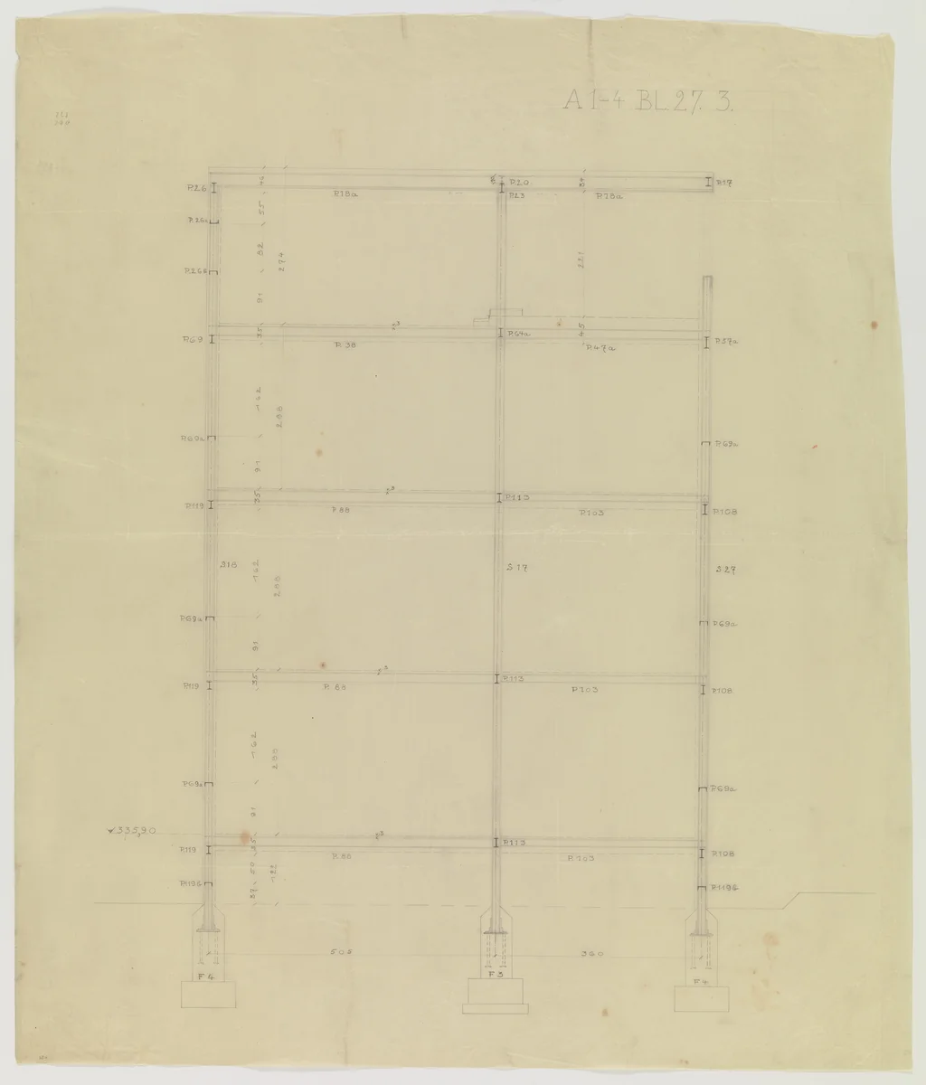 Weissenhof Apartment House, "The Dwelling" Exhibition, Stuttgart, Germany (Section, framing system and footings) by Ludwig Mies van der Rohe, mies van der rohe archive, 1926