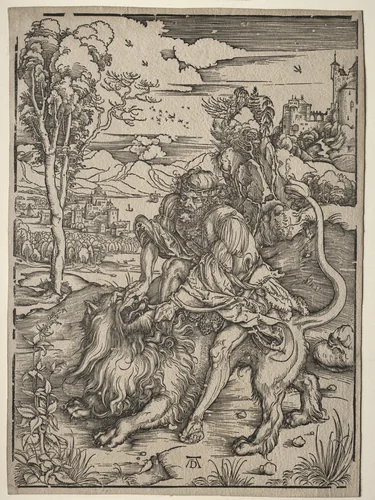 Samson Killing the Lion by Albrecht Dürer, print, 1492-1498