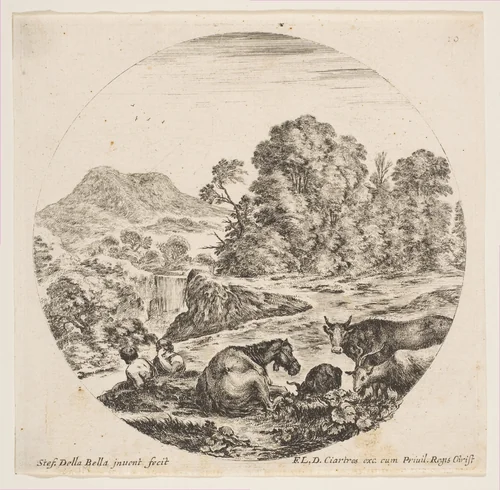 A horse lying down at center, a cow and two goats at right, two seated shepherds to left, a waterfall and a mountain at left in the background, plate 10 from "Roman landscapes and ruins" (Paysages et ruines de Rome) by Stefano della Bella, print, 1641-1651