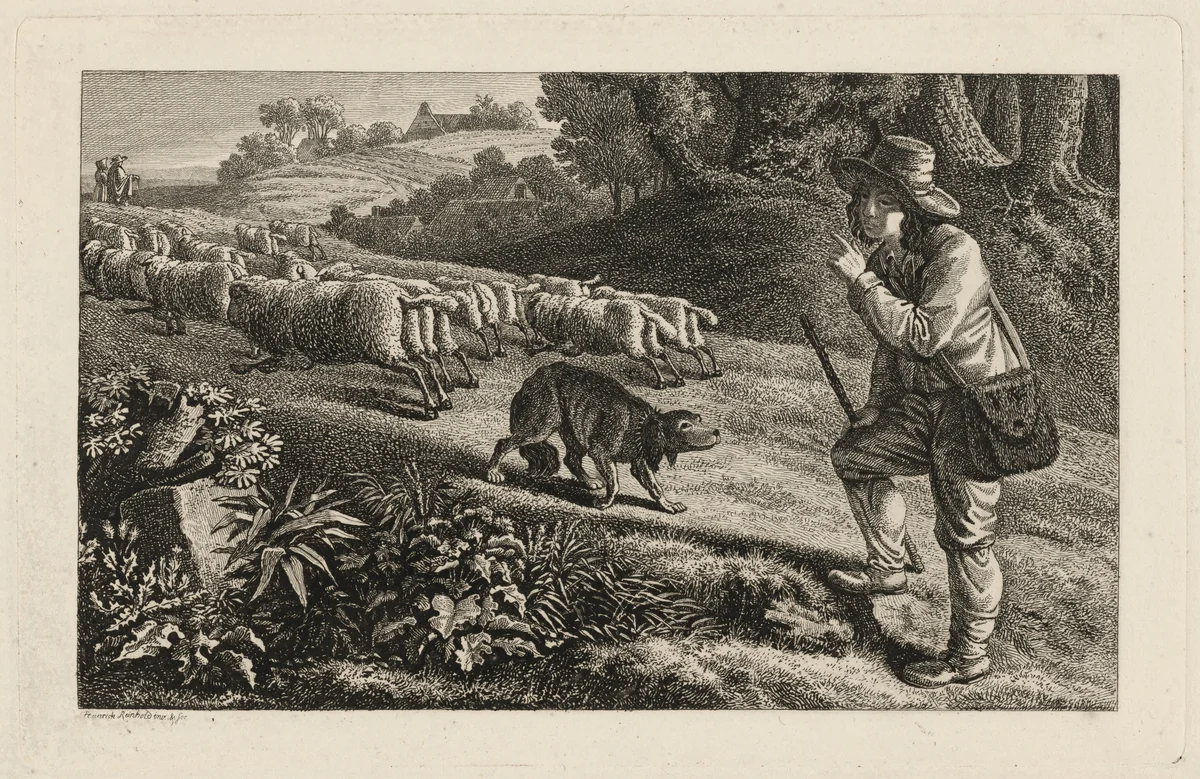 A Shepherd Scolding His Dog for Letting His Sheep Run Away by Heinrich Carl Reinhold, print, 1810-1820