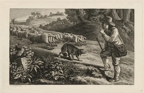 A Shepherd Scolding His Dog for Letting His Sheep Run Away by Heinrich Carl Reinhold, print, 1810-1820