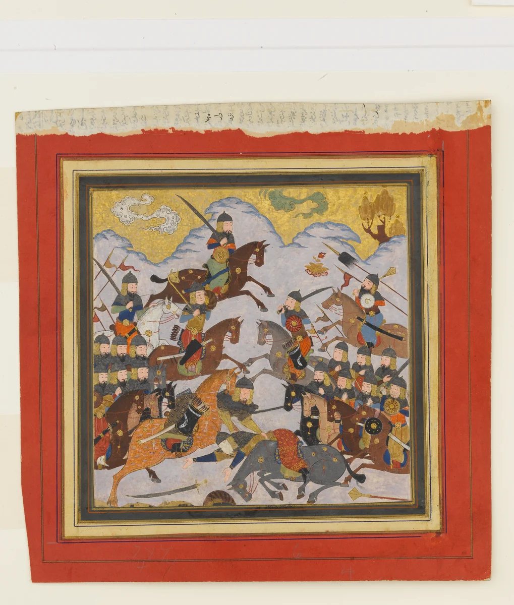 "Rustam Seizes Afrasiyab by the Girdle and Lifts him from the Saddle", Folio from a Shahnama (Book of Kings) by Abu'l Qasim Firdausi, manuscript, 1405-1465