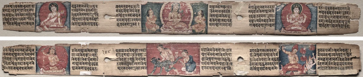 Folio 348 from a Gandavyuha-sutra (Scripture of the Supreme Array): Bodhisattva Manjushri with two forms of Avalokiteshvara (recto); Bodhisattva Samantabhadra purifies the path to enlightenment, with Manjushri (verso) by Unknown, painting, 1000-1199