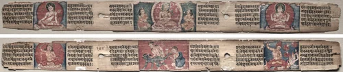 Folio 348 from a Gandavyuha-sutra (Scripture of the Supreme Array): Bodhisattva Manjushri with two forms of Avalokiteshvara (recto); Bodhisattva Samantabhadra purifies the path to enlightenment, with Manjushri (verso) by Unknown, painting, 1000-1199