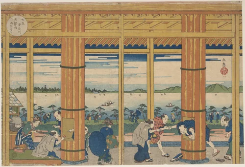 Shower-Shelter on the Shore of Tempozan Bay by Yashima Gakutei (八島岳亭), print, 1838