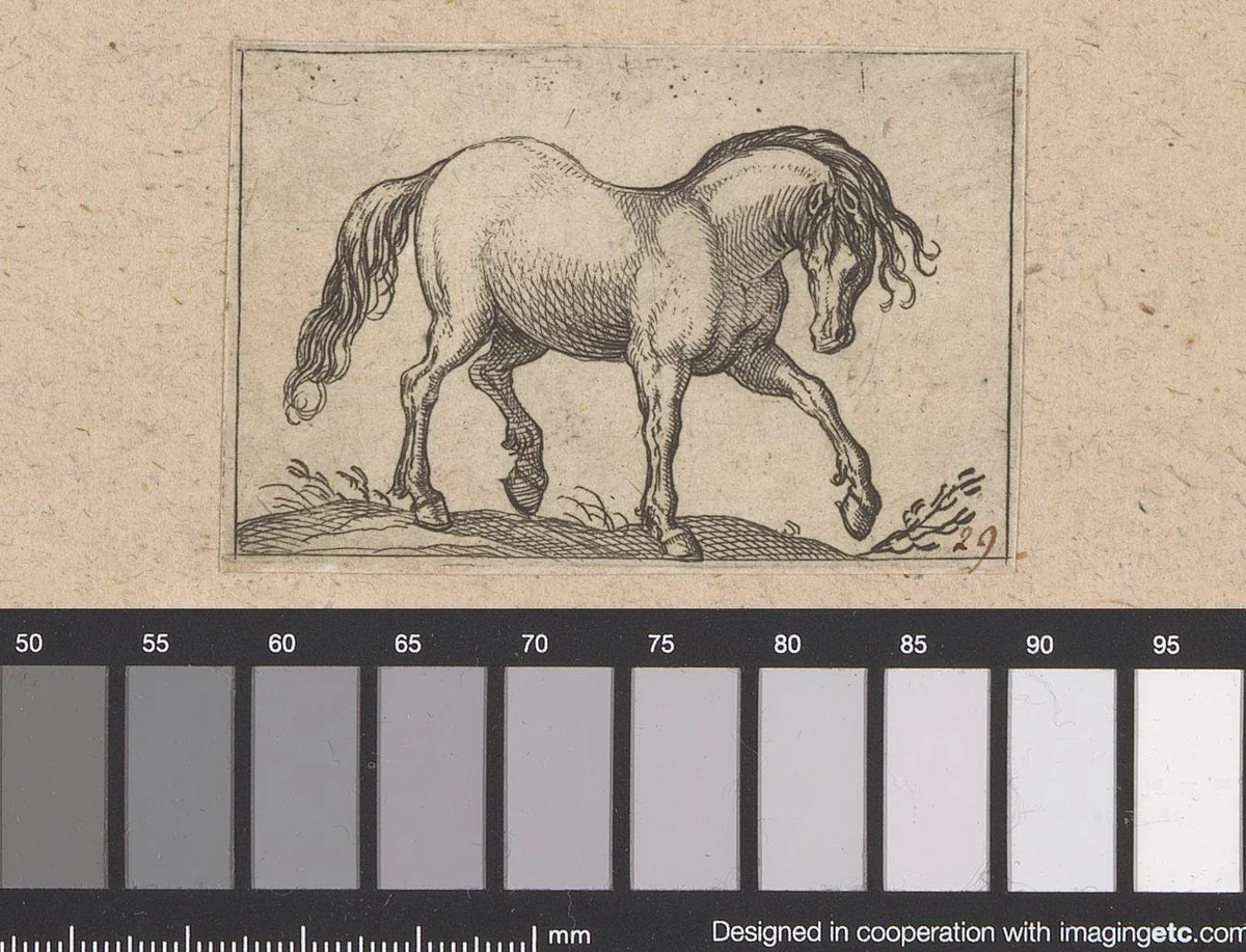 Paard naar rechts lopend by Antonio Tempesta, print, 1565-1630