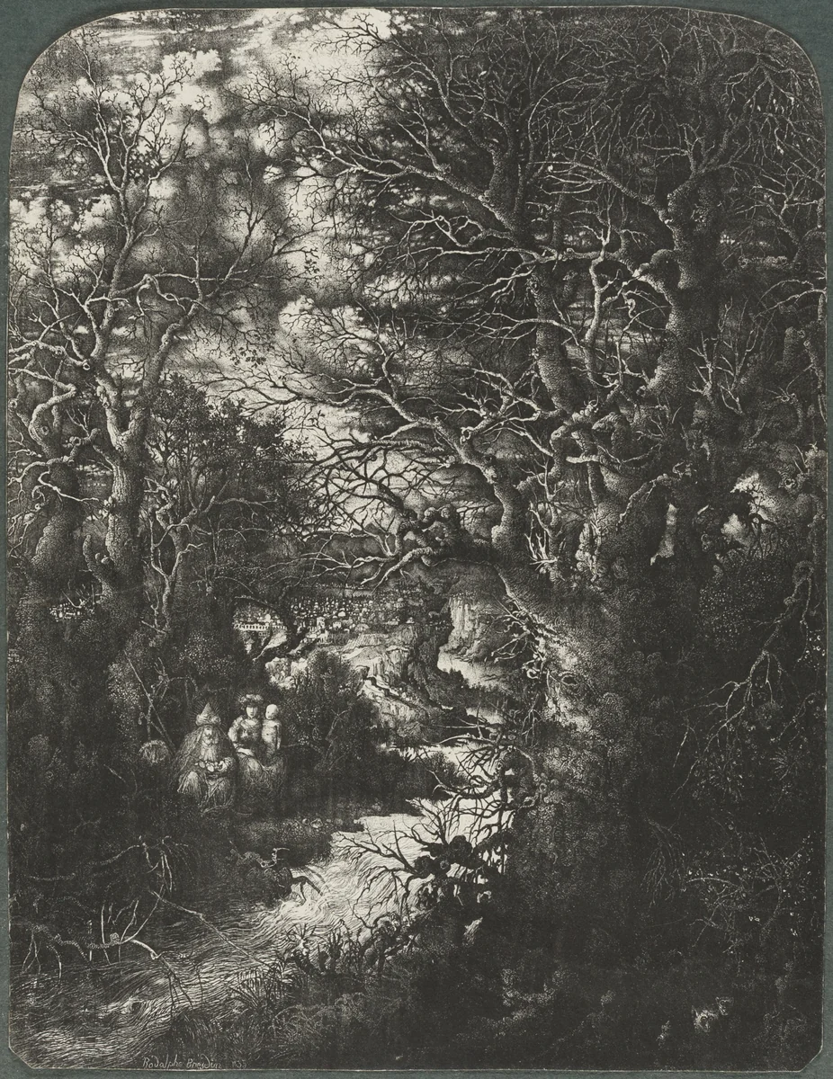 The Holy Family at Rest Beside a Stream by Rodolphe Bresdin, print, 1853