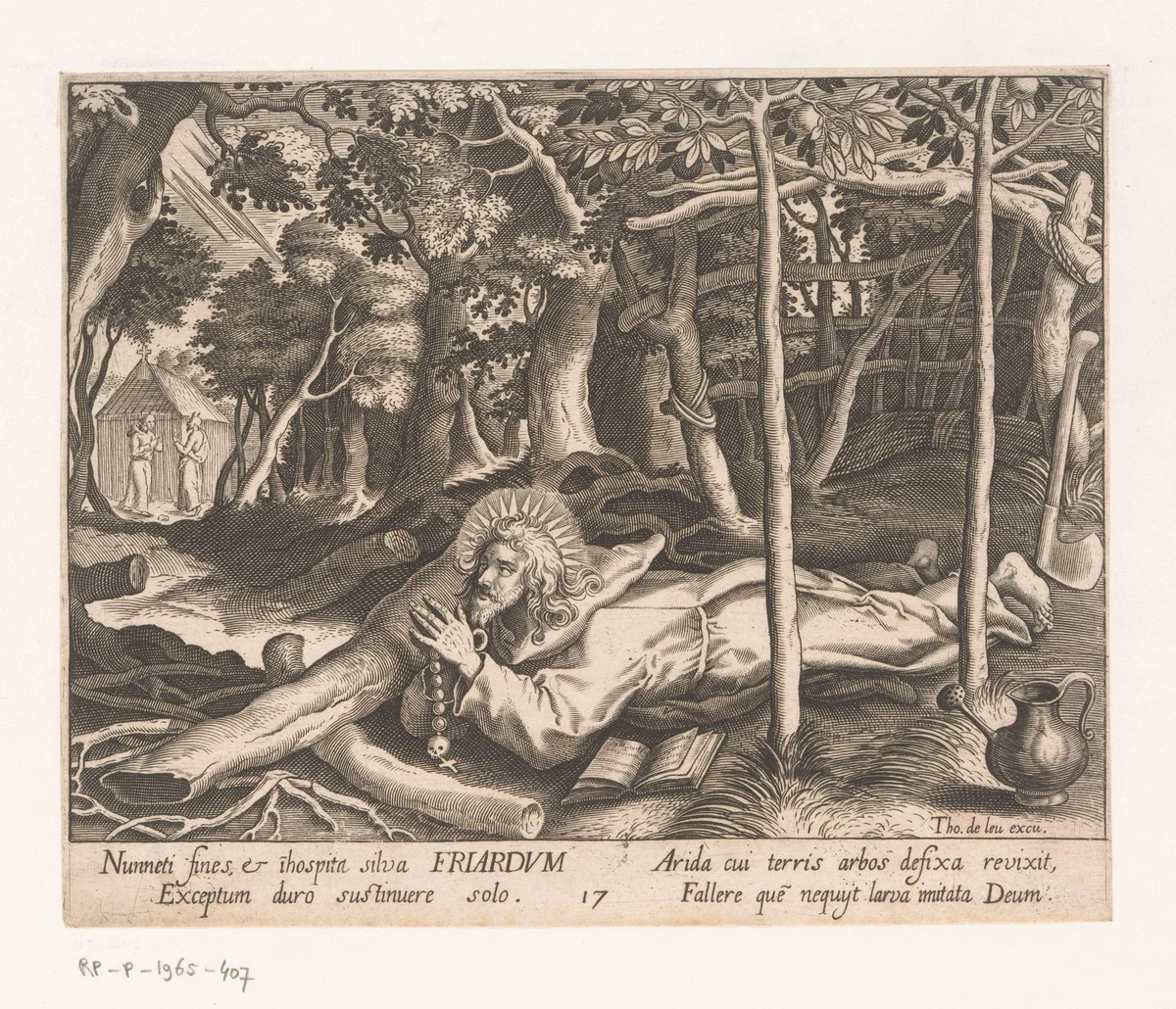 Heilige Friardus van Nantes als kluizenaar by Charles van Boeckel, print, 1594-1614