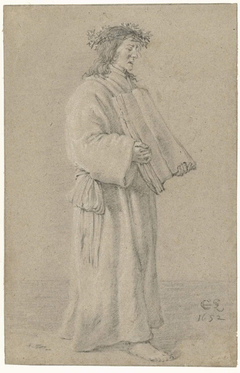 Standing Man Wearing a Laurel Wreath and Holding an Open Book by Cornelis Saftleven, drawing, 1652