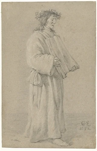Standing Man Wearing a Laurel Wreath and Holding an Open Book by Cornelis Saftleven, drawing, 1652
