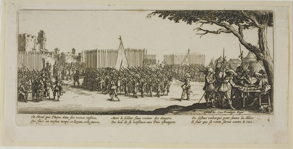 Recruitment of Troops, plate two from The Large Miseries of War by Gerrit Lucasz van Schagen, print, 1612-1635