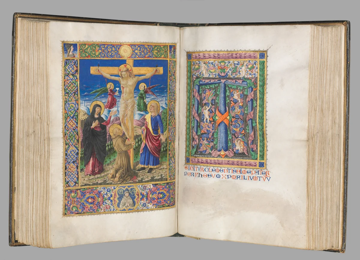 Missale: Fol. 185v: Crucifixion with borders (full page) by Bartolommeo Caporali, book, 1469