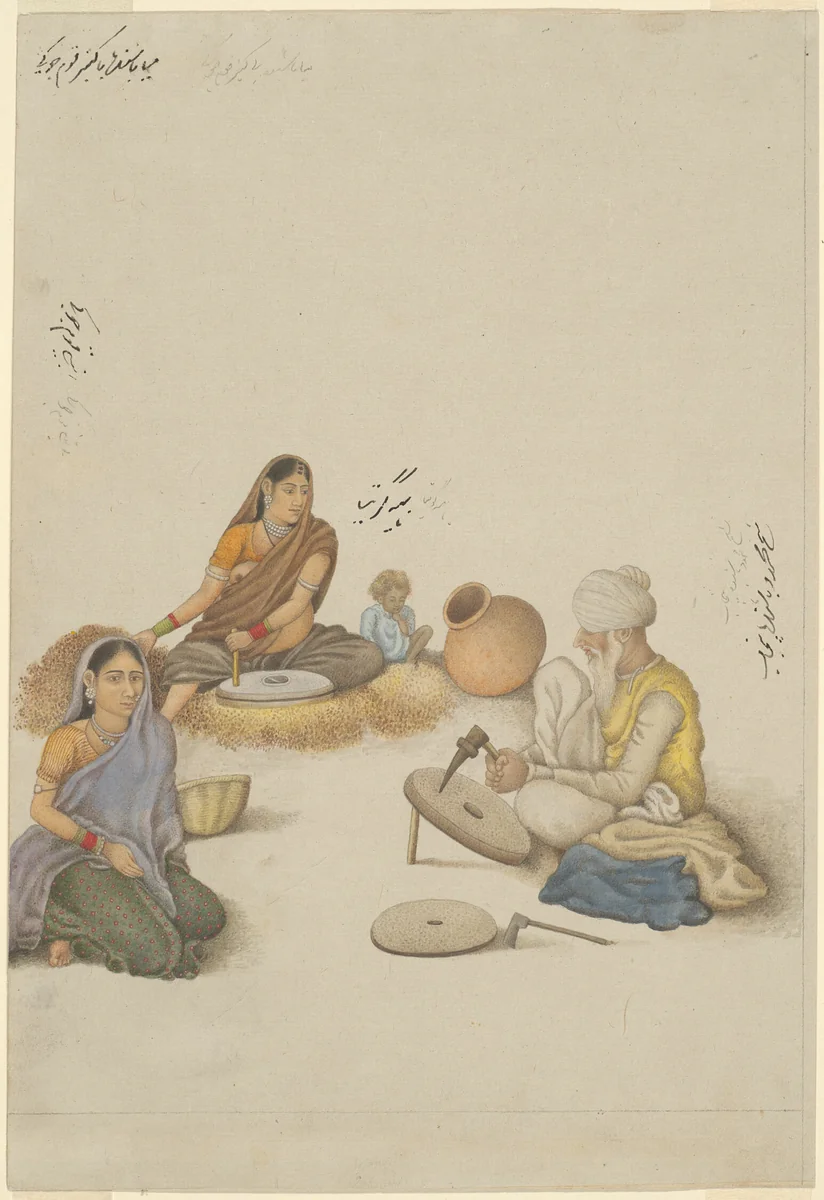 Villagers Grinding Corn, page from the Fraser Album by India Delhi, painting, 1815-1825