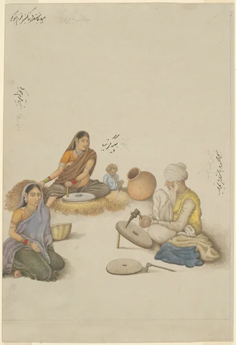 Villagers Grinding Corn, page from the Fraser Album by India Delhi, painting, 1815-1825